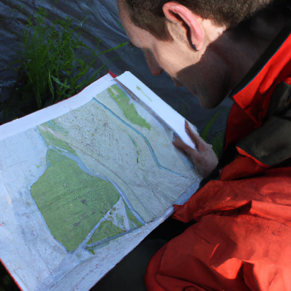 Person studying floodwater and maps